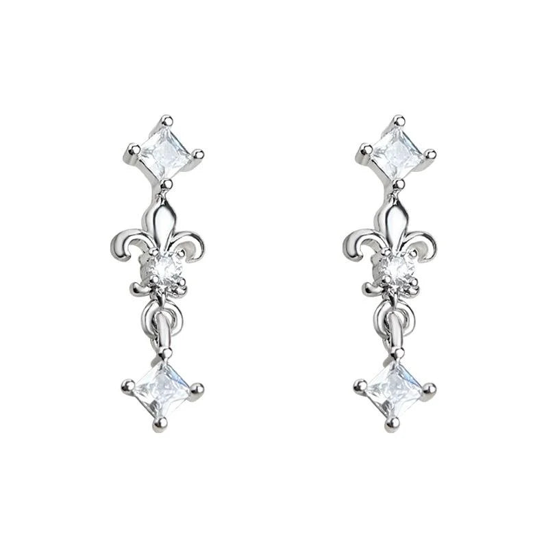Light Luxury Iris Flower Micro Pave Zircon Copper Drop Earrings With Silver Plated Pins