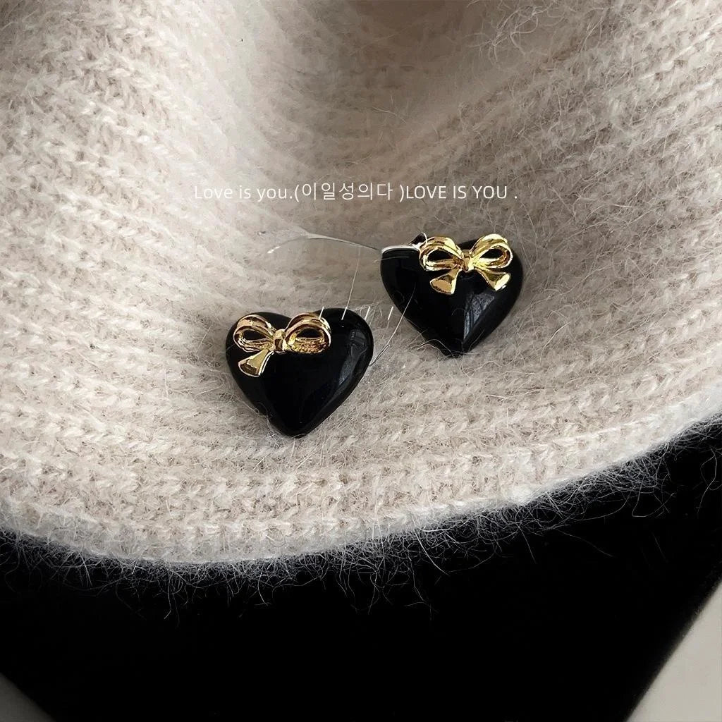Chic Heart Bow Copper Stud Earrings Minimalist Sweet Cool Jewelry