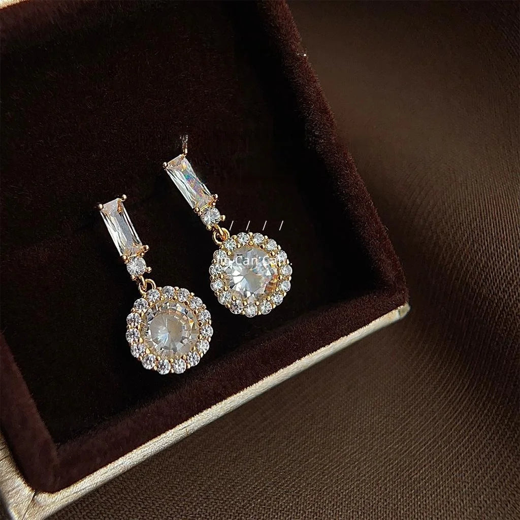 Light Luxury Copper Micro Pave Zircon Round Geometric Drop Earrings For Women