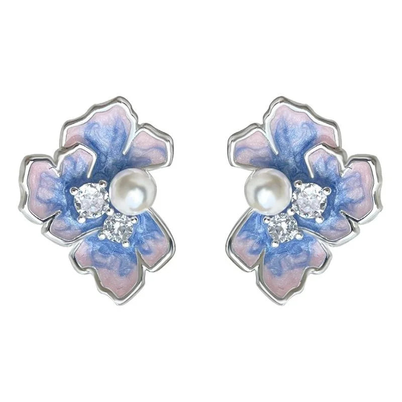 Luxury Iris Flower Stud Earrings, Silver Plated Copper Zircon Enamel Pearl Floral Jewelry