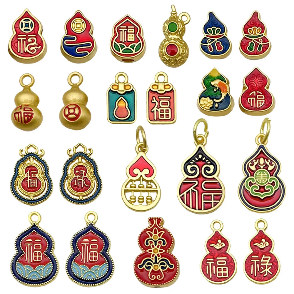 Ancient Gold Zinc Alloy Gourd Fu Character Bead for Bracelet Necklace DIY