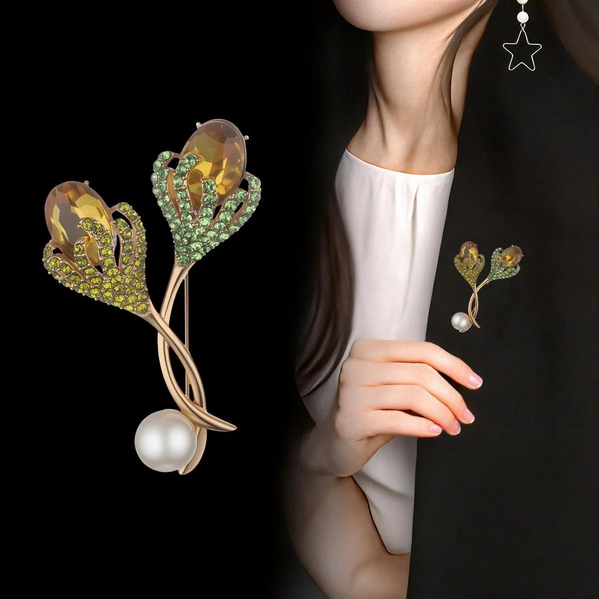 Luxury Tulip Flower Brooch With Alloy Stems, Glass Rhinestones And Pearl, Elegant Lapel Pin Suit Accessory