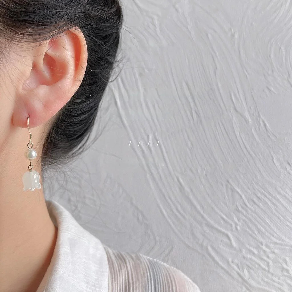 Silver Plated Glass Tulip Flower Drop Earrings Handmade Long Fresh Forest Style Jewelry