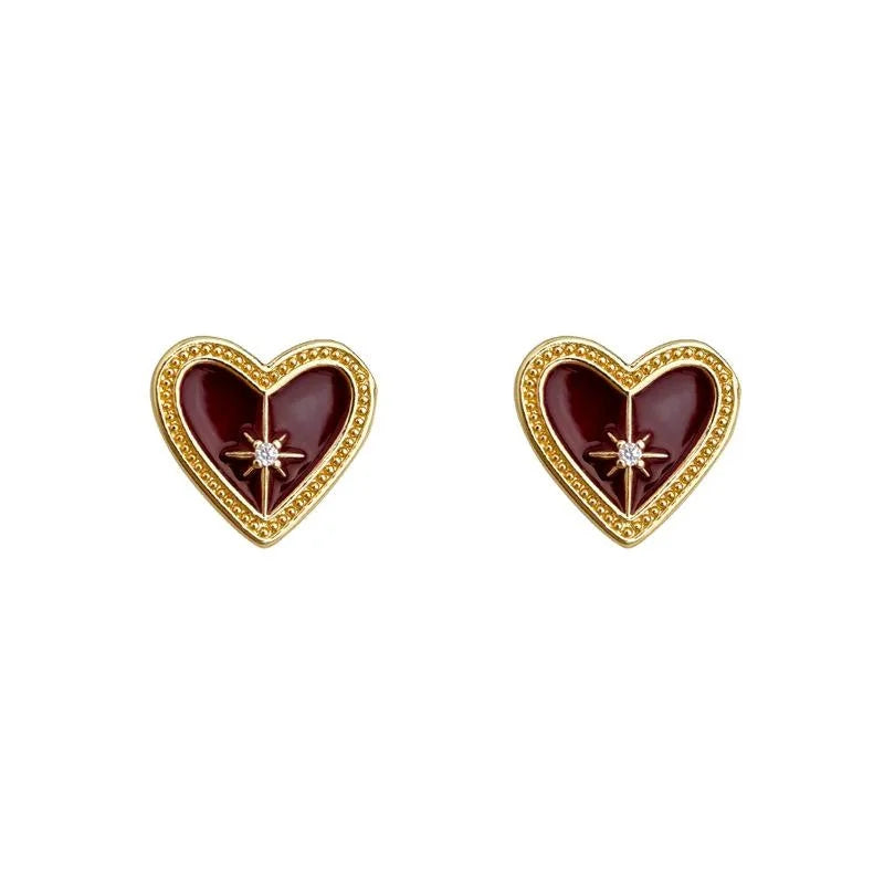 Vintage Burgundy Enamel Heart Star Micro Pave Zircon Stud Earrings Copper