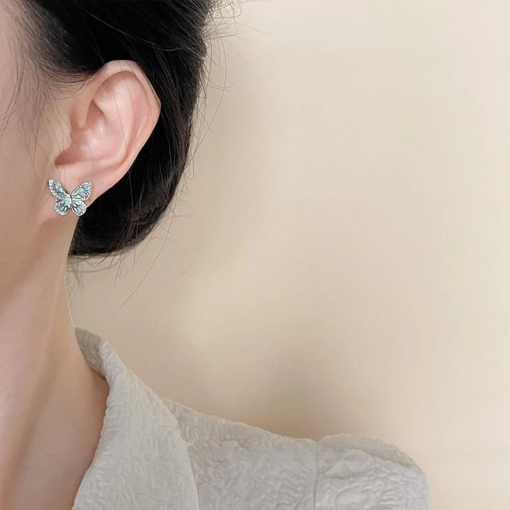 Sweet Mint Green Enamel Butterfly Stud Earrings Copper Micro Pave Zircon Jewelry