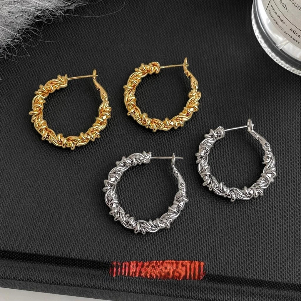 14K Gold Plated Eco Copper Lace Round Geometric Hoop Earrings For Chic Commuter Style