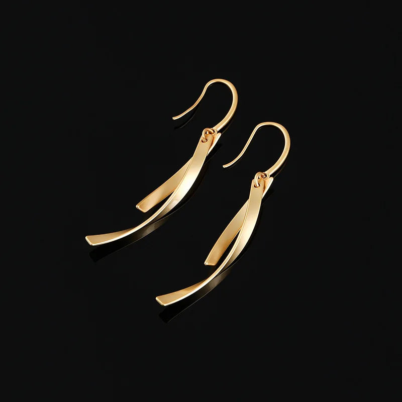 Elegant Matte Gold Alloy Cross Line Curved Bar Tassel Drop Stud & Clip On No Piercing Earrings
