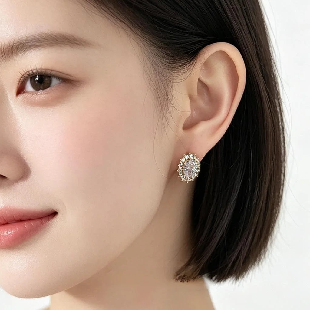 14K Gold Plated Copper Micro Pave Zircon Oval Clip On Drop Earrings For Non Pierced Ears