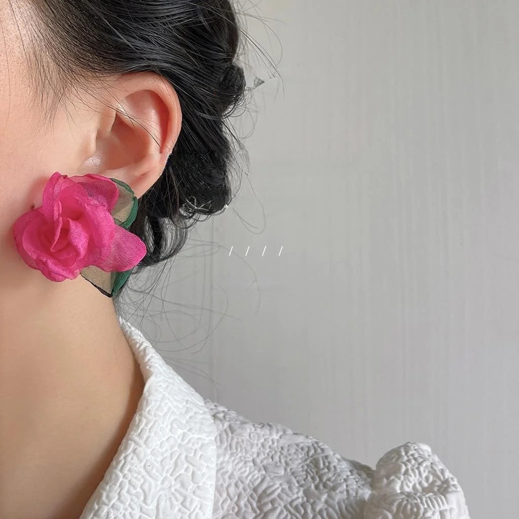 Forest Fairy Fabric Mesh Rose Flower Stud Earrings Silver Plated Pin Sweet Statement Jewelry