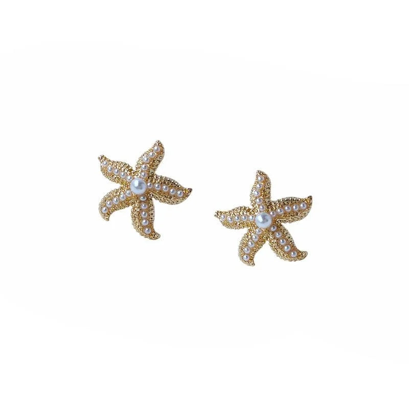 14K Gold Plated Copper Starfish Pearl Stud Earrings With Silver Plated Posts Elegant Style