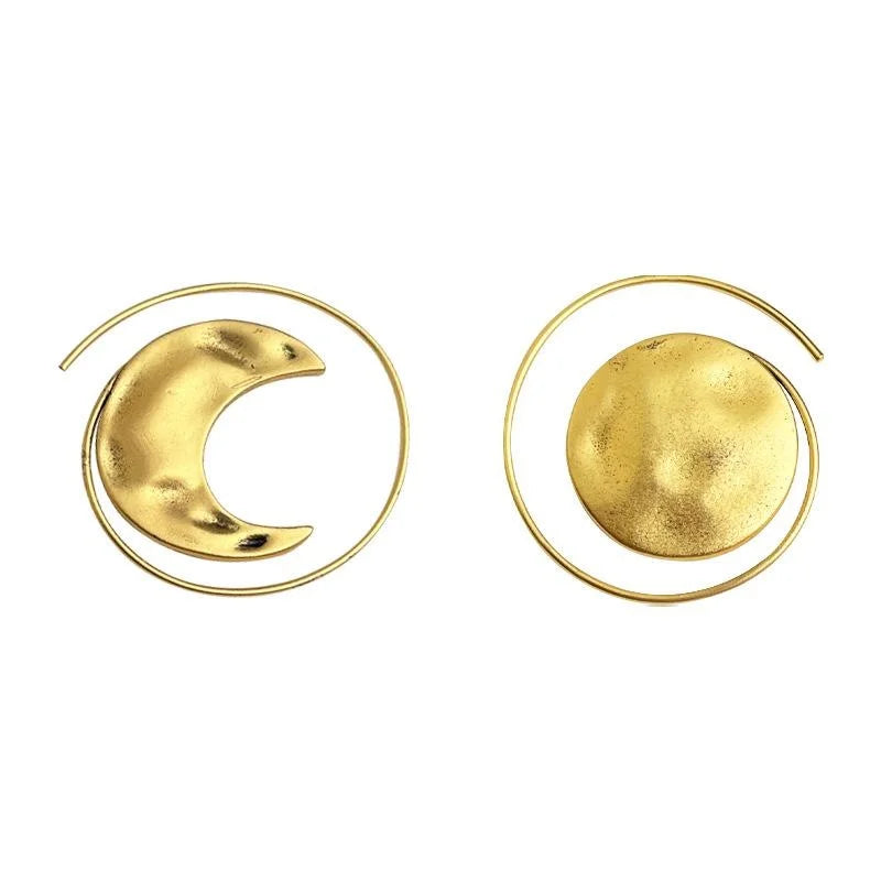 Minimalist Copper Geometric Moon Drop Earrings Matte Frosted Vintage Abstract Planet Jewelry