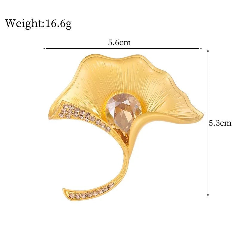Elegant Ginkgo Leaf Alloy Brooch With Amber Glass And Rhinestones, Luxury Lapel Pin Corsage Gift