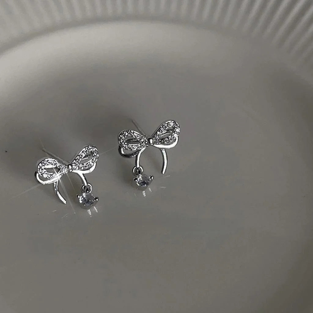 Sweet Cool Micro Pave Zircon Hollow Bow Stud Earrings, Copper Silver Plated Pin Commuter Jewelry