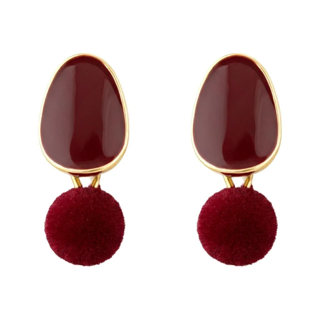Retro Hong Kong Style Burgundy Flocked Pom Ball Drop Earrings With Drip Enamel