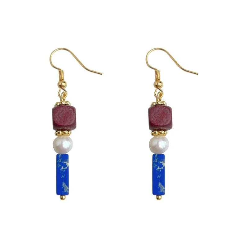 Vintage Ethnic Handmade Geometric Drop Earrings With Freshwater Pearls And Synthetic Imperial Jasper