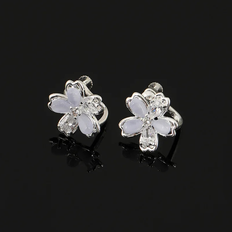 Elegant Zircon Crystal Flower Stud & Clip On No Piercing Sweet Fresh Silver Tone Women's Fashion Earrings