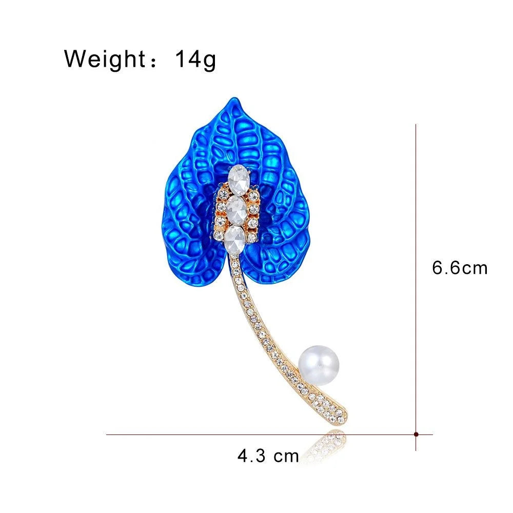 Luxury Red Calla Lily Brooch With Rhinestone Pearl Alloy Stem, Elegant Flower Lapel Pin Suit Accessory