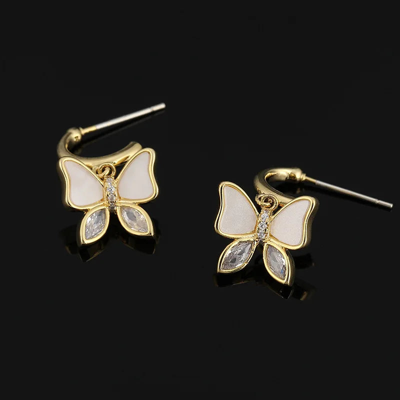Elegant White Enamel Butterfly Alloy Zircon Stud & Clip On No Piercing Bow Dangle Earrings