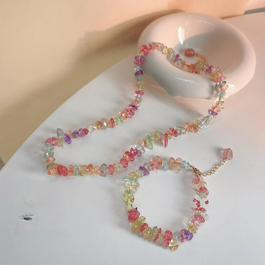 Handmade Colorful Glass Crystal Chip Choker Necklace Sweet Summer Geometric Round Bead Collar