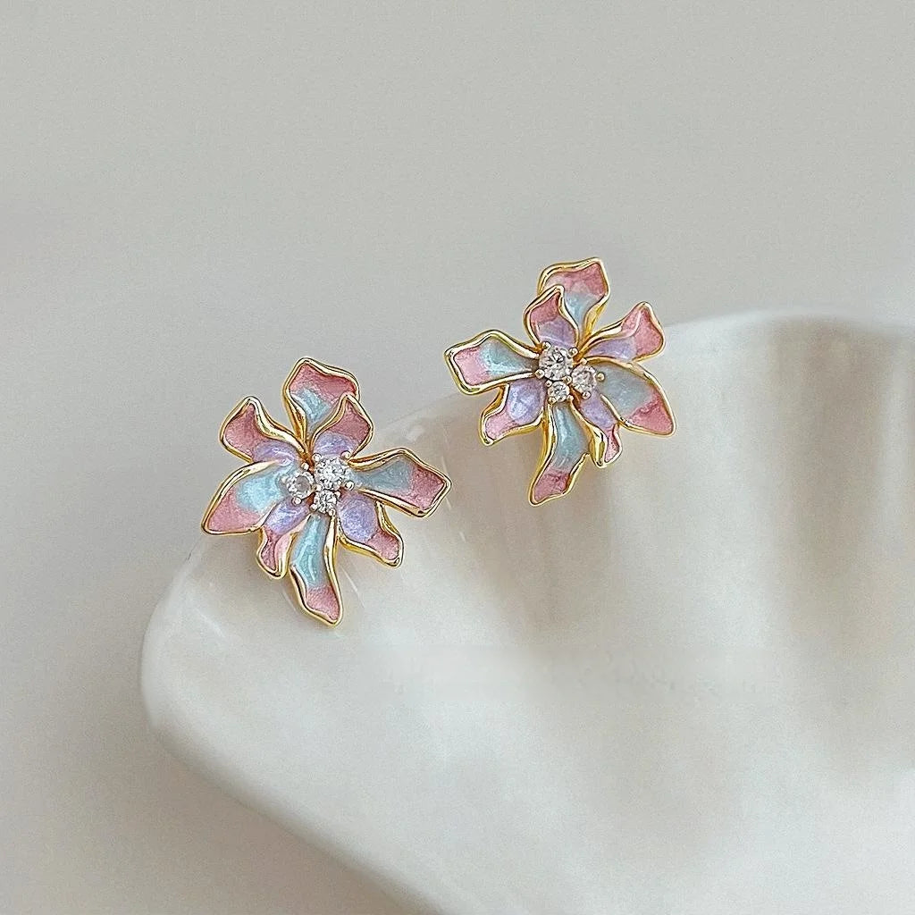 Spring Sweet Floral Enamel Drop Earrings, Copper Zircon Painted Petal