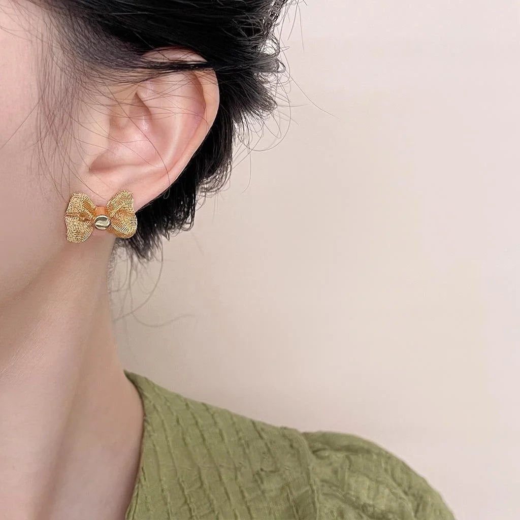 14K Gold Plated Metal Mesh Bow Stud Earrings Simple Versatile Summer Fashion Jewelry