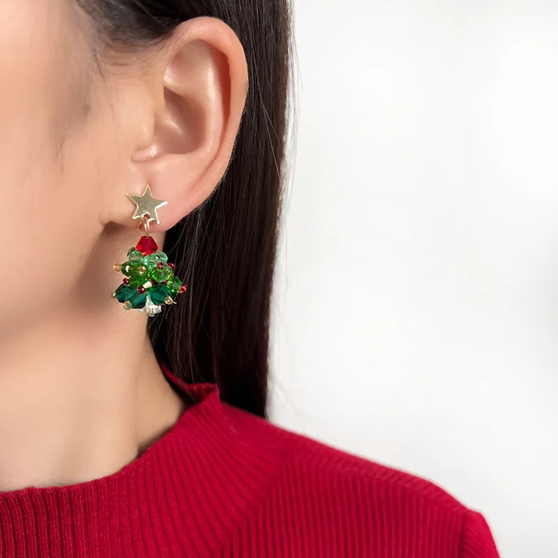 Elegant 3D Christmas Tree Star Crystal Bead Alloy Stud & Clip On No Piercing Holiday Drop Earrings