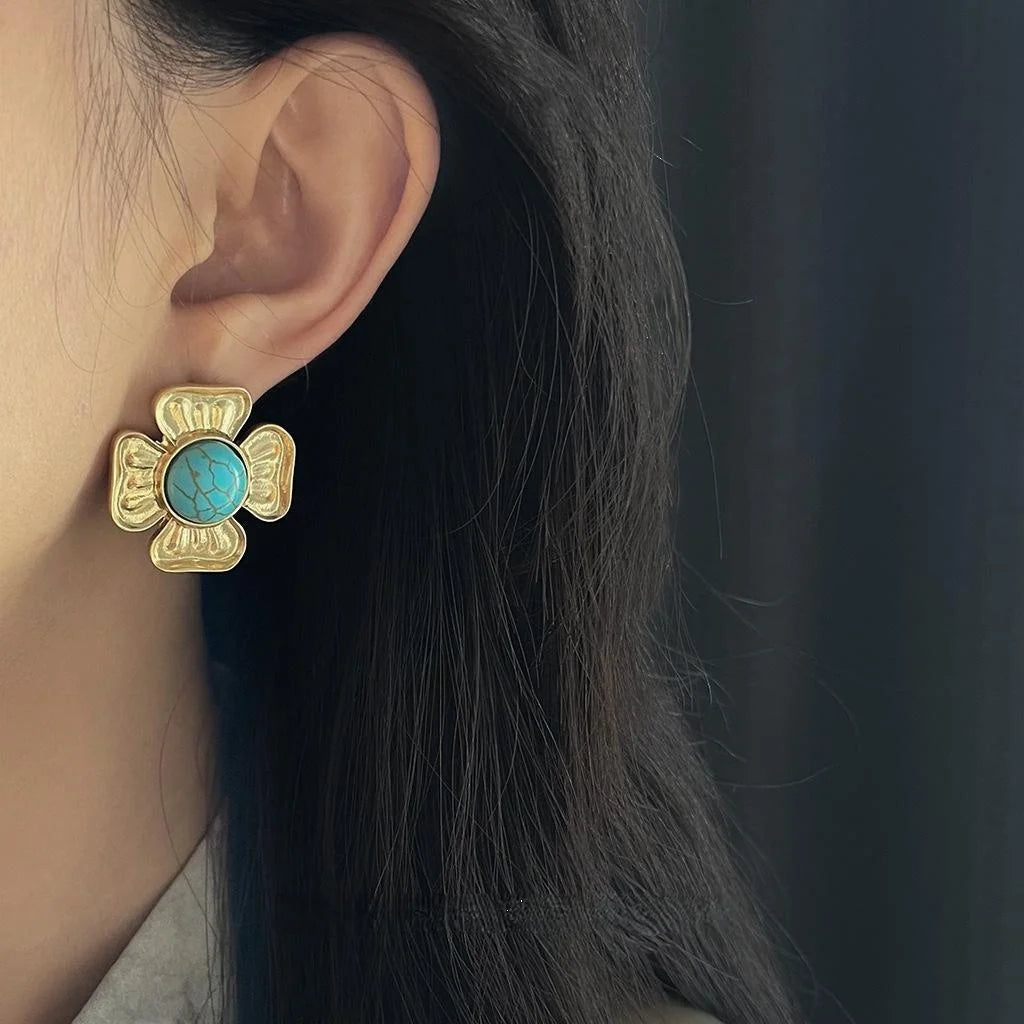 Vintage Floral Drop Earrings With Copper And Synthetic Turquoise, French Statement Luxury Jewelry