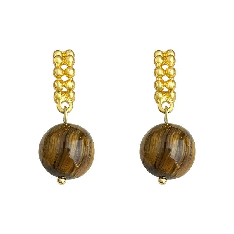 Retro Maillard Tiger Eye Natural Stone Geometric Round Drop Earrings For Women