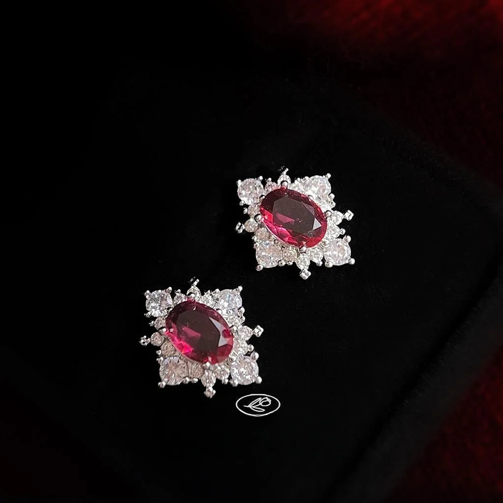 French Elegant Rose Red Zircon Geometric Copper Stud Earrings Hong Kong Style