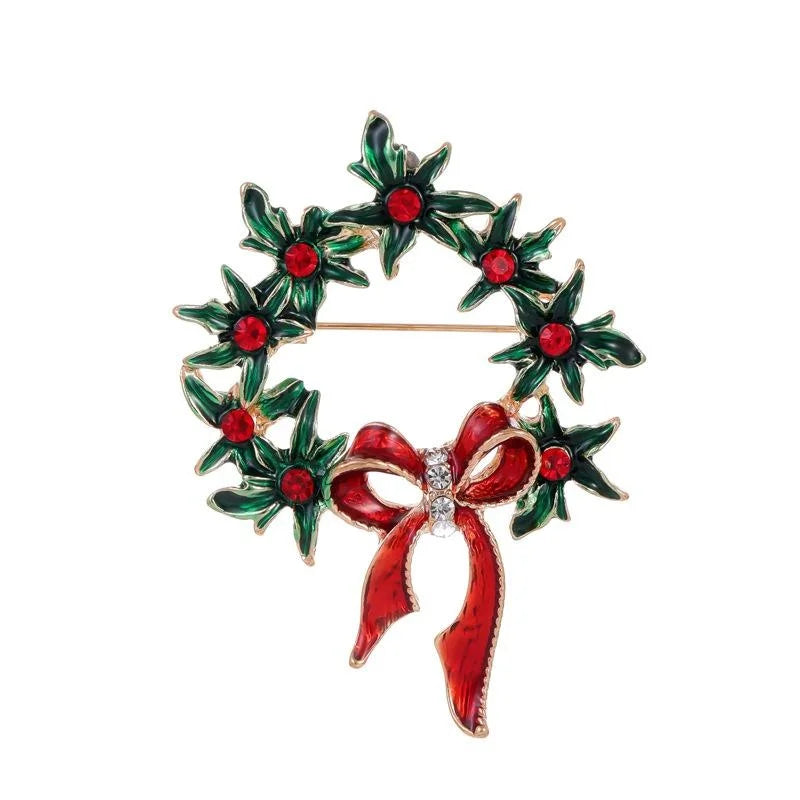 Elegant Enamel Christmas Wreath Brooch With Red Rhinestones, Festive Bow Lapel Pin Corsage Gift