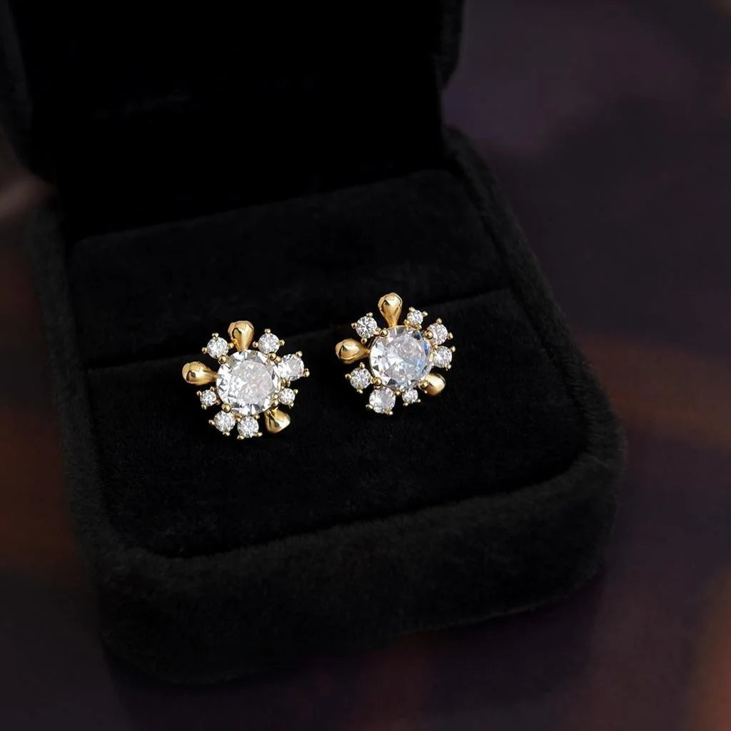 14K Gold Plated Copper Zircon Flower Petal Geometric Stud Earrings Light Luxury Micro Pave Jewelry