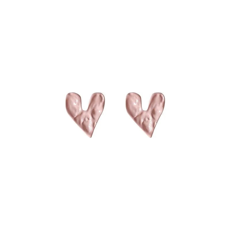 Sweet Korean Style Lotus Pink Enamel Heart Metal Silver Plated Stud Earrings