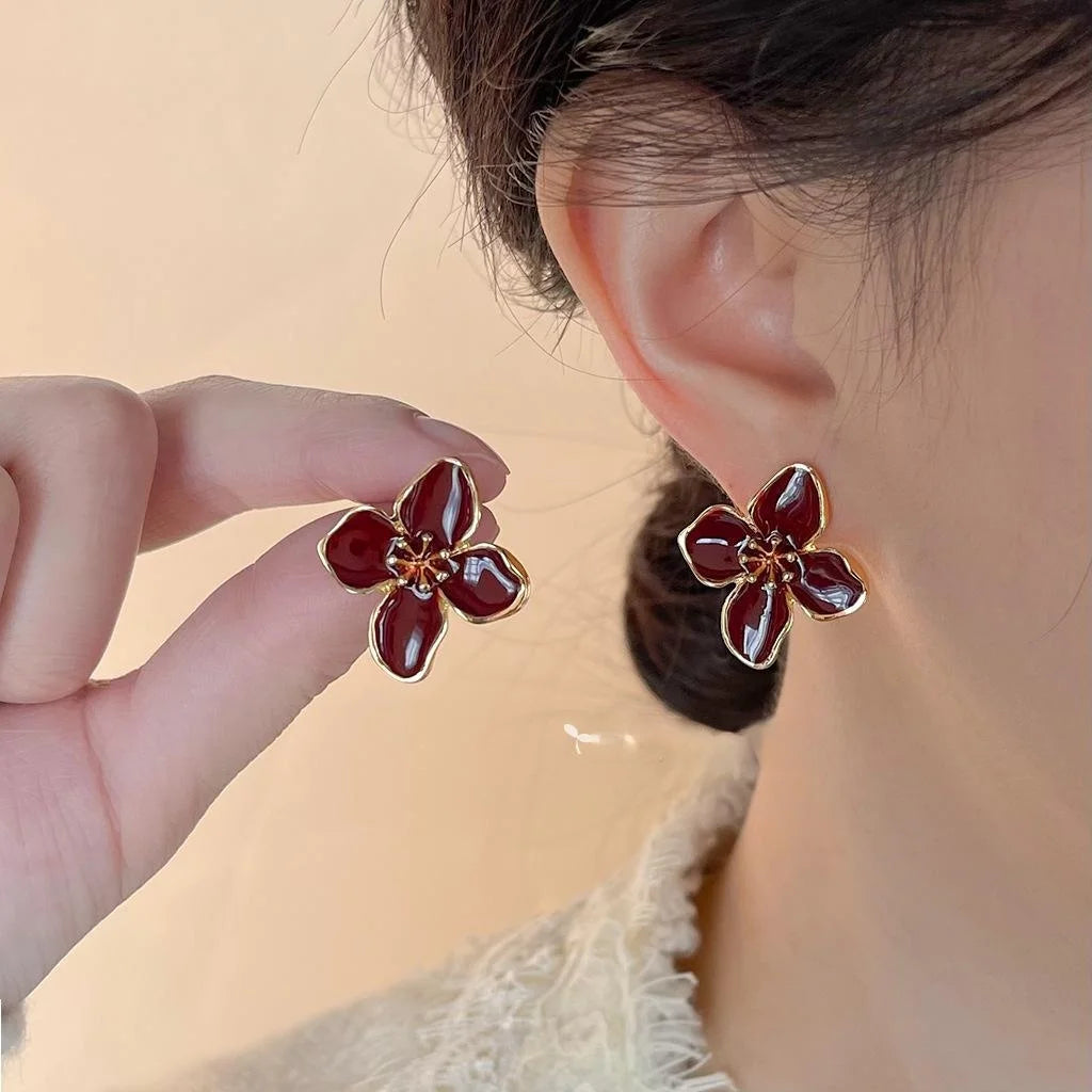 French Vintage Burgundy Enamel Flower Stud Earrings 14K Gold Plated Copper Fashion Jewelry