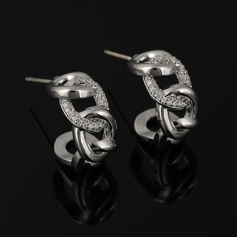 Luxury Gold Alloy Chain Hoop Stud & Clip On No Piercing Rhinestone Chunky Link Women's Earrings