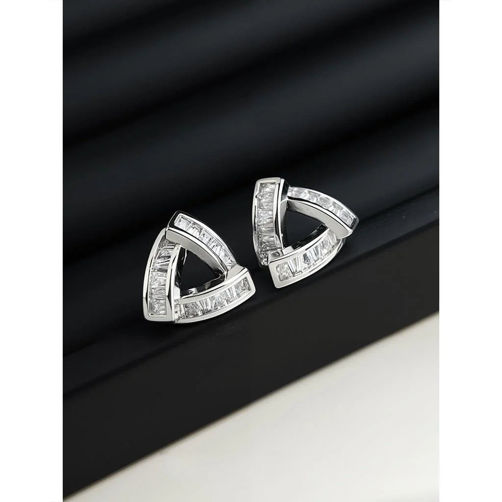 Luxury Micro Pave Zircon Copper Stud Earrings Silver Plated Geometric Hollow Triangle Design