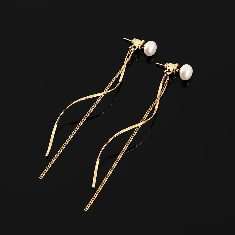 Elegant Natural Pearl Swirl Tassel Chain Stud & Clip On No Piercing Gold Tone Alloy Long Drop Earrings
