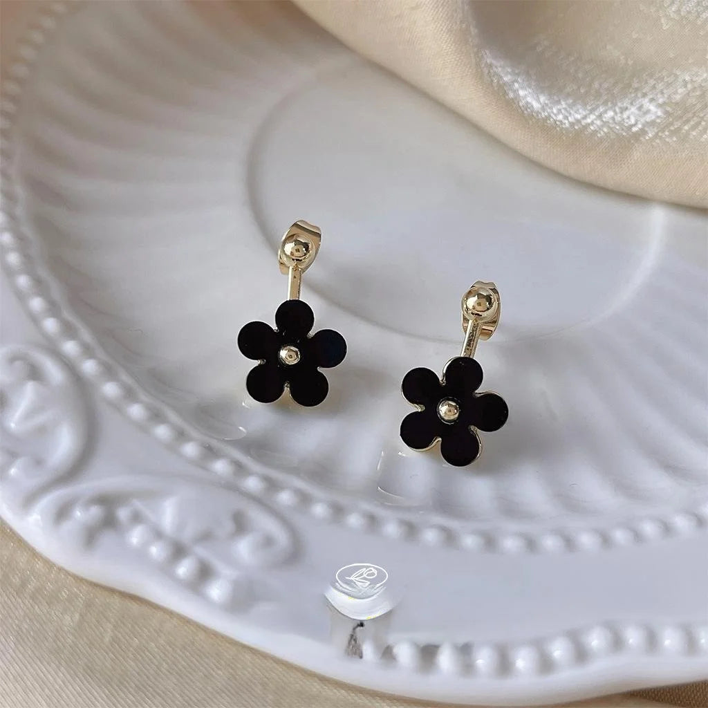 Korean Style Black White Acrylic Flower Back Hanging Stud Earrings With Copper Silver Plated Pins
