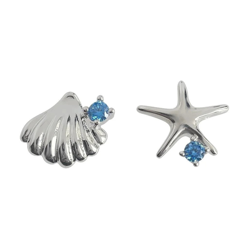 Ocean Series Asymmetric Copper Stud Earrings Micro Pave Zircon Starfish Shell Sweet Fashion Jewelry