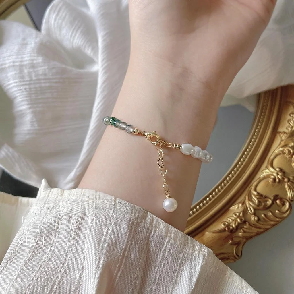French Light Luxury Freshwater Pearl And Water Grass Jade Geometric Handmade Bracelet