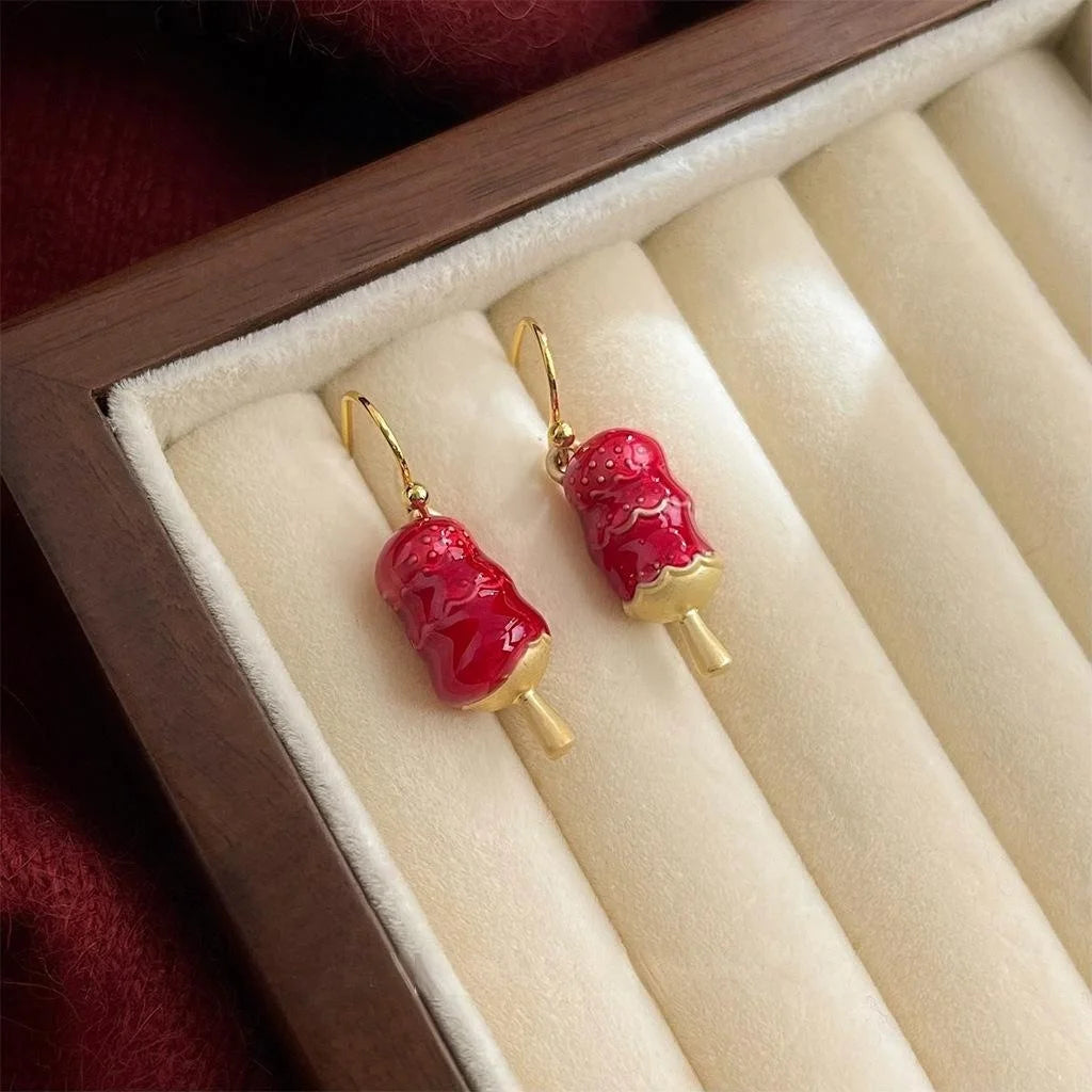 New Chinese Copper Enamel Candied Hawthorn Geometric Drop Earrings, Minimal Designer Style
