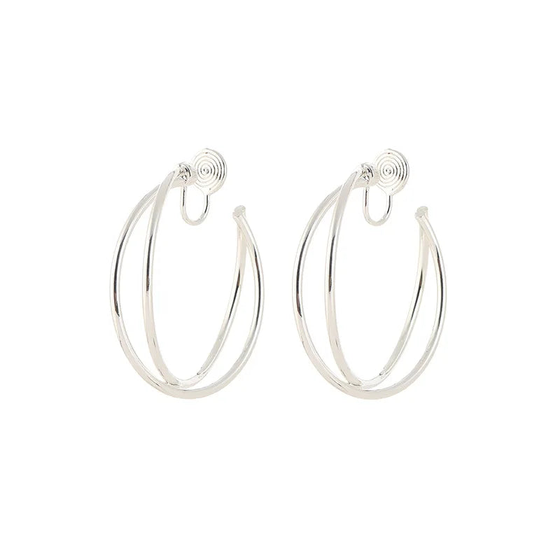 Elegant Silver Alloy Crossed Double Hoop Stud & Clip On No Piercing Spiral Circle Ear Cuff Earrings