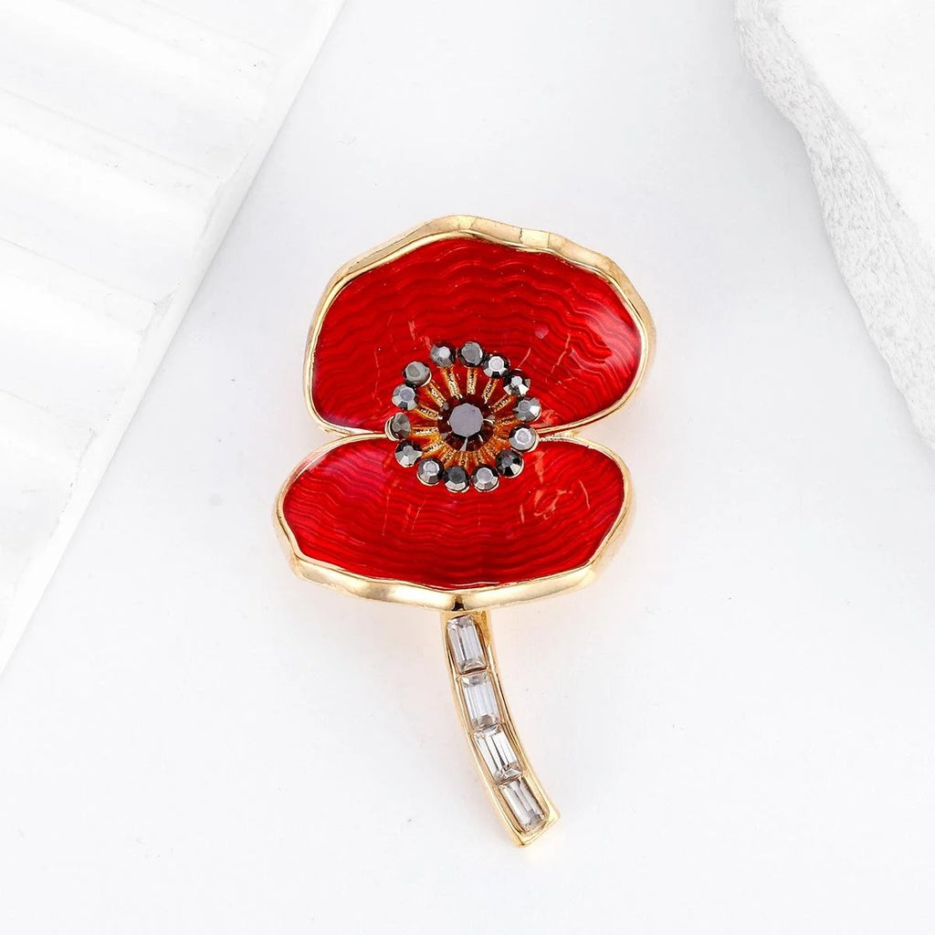 Elegant Red Poppy Flower Enamel Alloy Brooch With Rhinestones, Remembrance Lapel Pin Corsage Gift