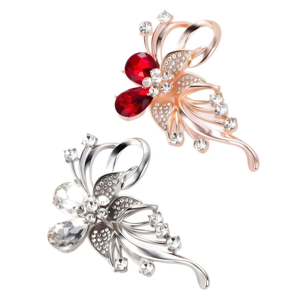 Luxury Red Crystal Flower Rhinestone Brooch Pin For Women, Elegant Alloy Lapel Corsage Suit Dress Gift