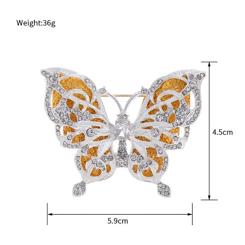 Elegant Double Layer Butterfly Brooch With White Rhinestones And Gold Enamel, Luxury Lapel Pin Corsage Gift
