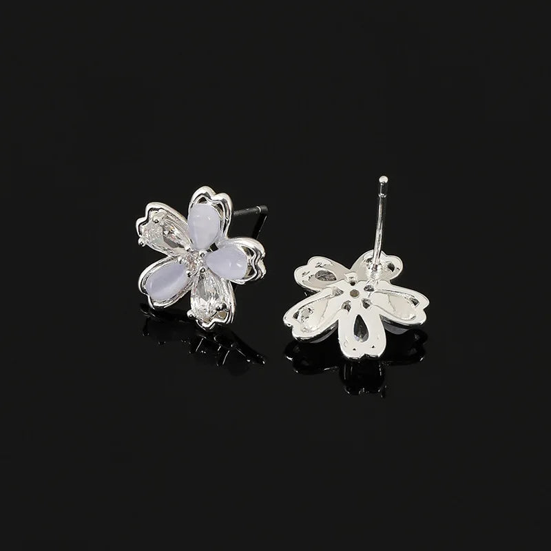 Elegant Zircon Crystal Flower Stud & Clip On No Piercing Sweet Fresh Silver Tone Women's Fashion Earrings