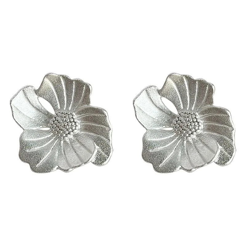 Sandblasted Hibiscus Flower Stud Earrings Eco-Friendly Copper Silver Tone Textured Minimalist Jewelry