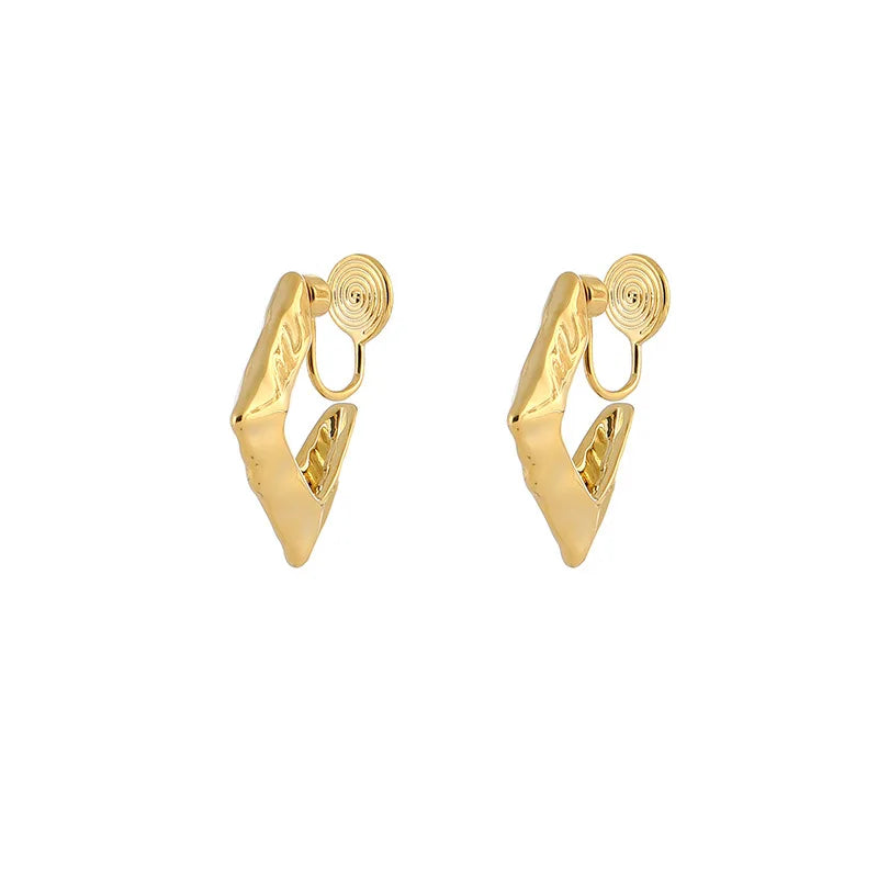 Elegant Gold Alloy Hammered Geometric Square Hoop Stud & Clip On No Piercing Minimalist Earrings