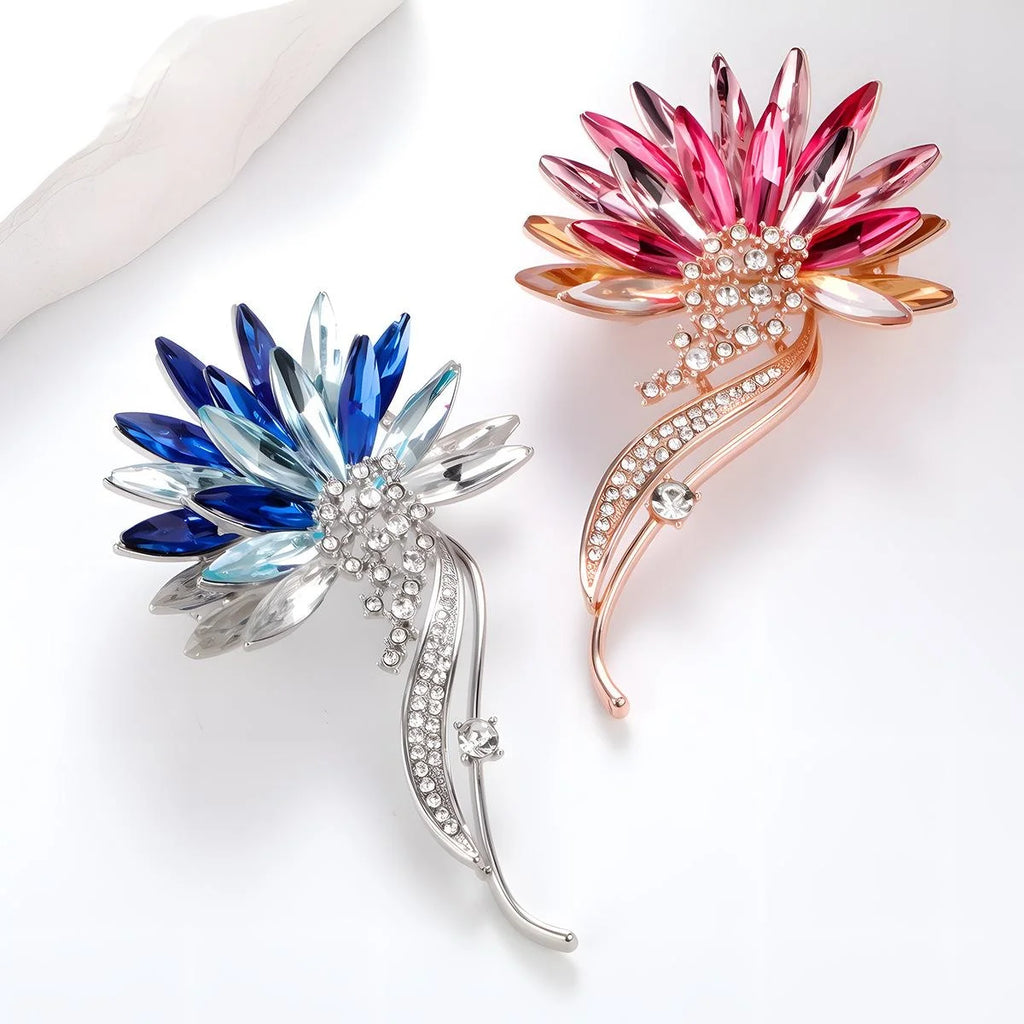 Elegant Blue Crystal Flower Rhinestone Brooch Luxury Floral Lapel Pin Corsage Suit Accessory Gift
