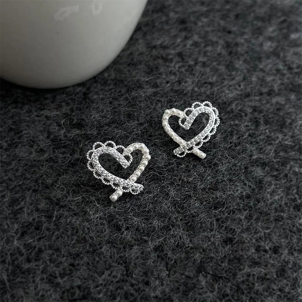 Copper Zircon Pearl Heart Lace Stud Earrings, Sweet Fairy Style Jewelry