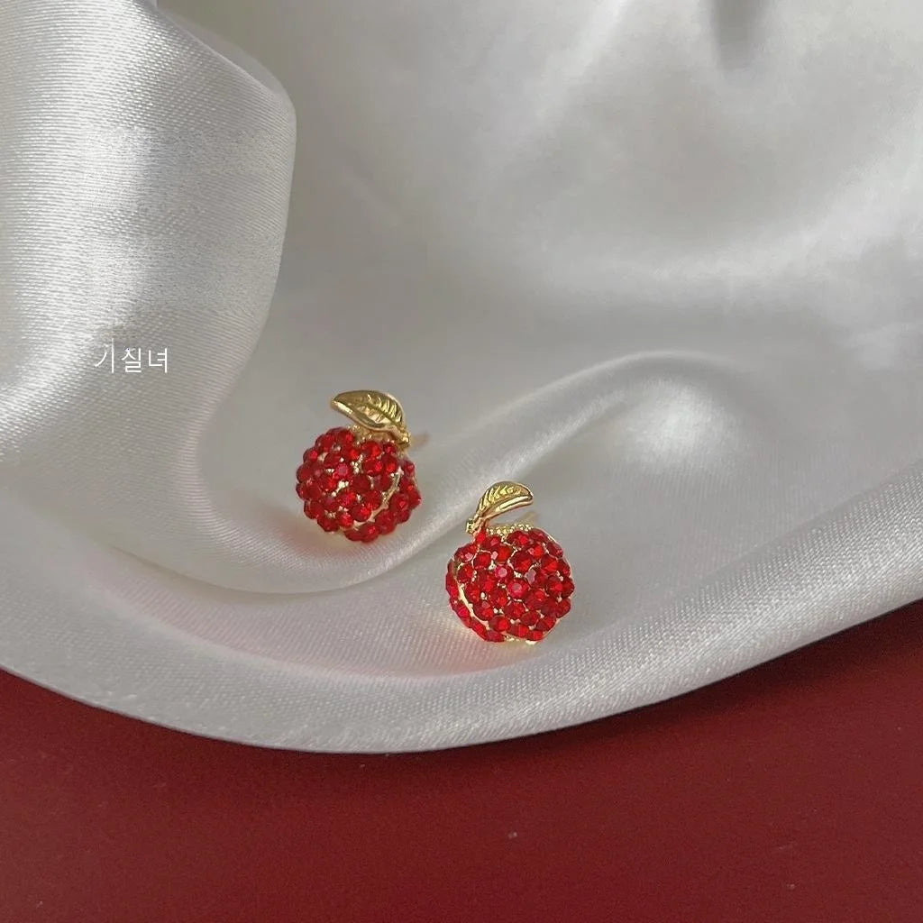 14K Plated Copper Red Apple Rhinestone Stud Earrings Creative Fruit Jewelry